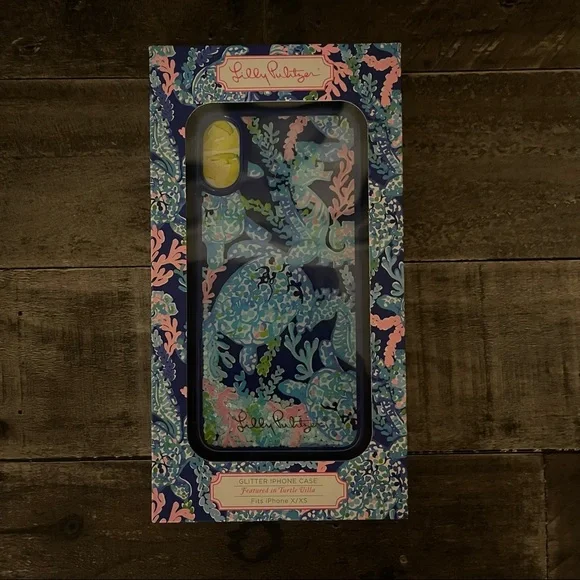 NIB Lilly Pulitzer Cute Blue Glitter Bomb iPhone X/XS Case, Turtle Villa